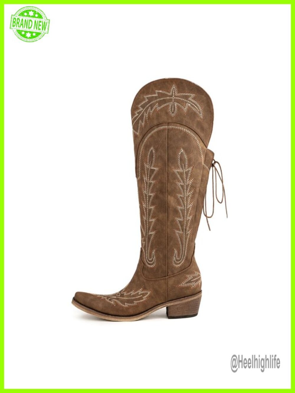 Women's Faux Leather Knee High Cowboy Boots Wide Calf Western Embroidered Lace